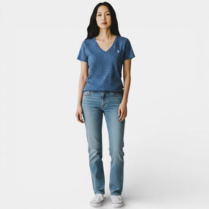 ABERCROMBIE & FITCH Top Women Size Medium Blue Polka dot V-neck Shortsleeves Tee